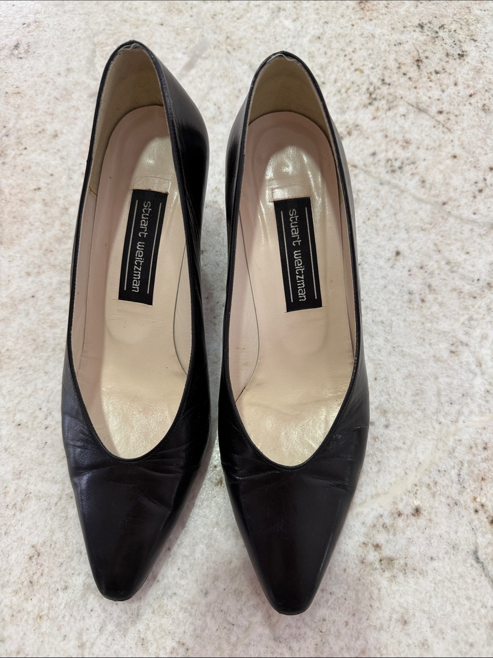 Stuart Weitzman Black Pointed-Toe Leather Pumps
